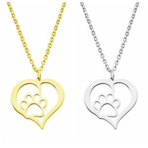 Women Stainless Steel Necklace Dog Paw Love Heart Design Hollow Choker Pendant Necklaces Silver Gold Color Fashion Engagement Jewelry G 275G