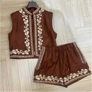 Women's Tracksuits Embroidered Linen Vest And Shorts Set Summer Suit High Quality