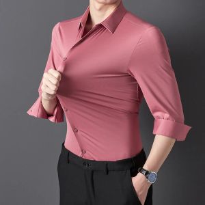 Herren hochwertige solide hohe Elastizität nahtlos komfortable Langarmhemden Slim Social Casual Business Formal Hemd Hemd