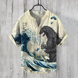 Herrpolos sommar japansk mode Henley skjorta retro konst magnolia v-hals avslappnad stor storlek topp