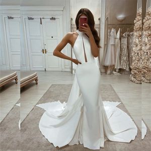 Einfache satin hohe Nacken Meerjungfrau Brautkleider romantisches weißes Brautkleid mit Zug formelle Frauen Hochzeitskleid für Braut