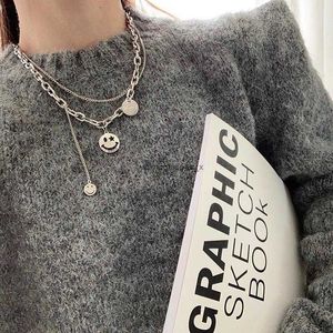 2024Internet celebrity double-layer chain smiling face fashion pendant collarbone neck versatile autumn and winter sweater