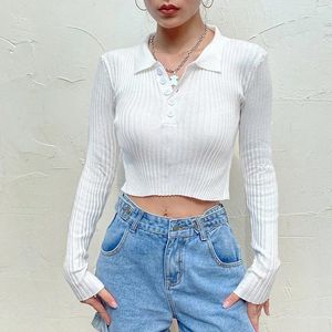 Women's Polos Solid Color Lapel Long-sleeved Short Knit Sweater Slim-fit Button-decorated Top Female Sexy T-shirt With Navel Strips