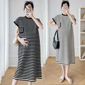Maternity Dresses Classic striped knitted pregnant women summer short sleeved loose straight clothes casual daily pregnancy WX5.260G4Y