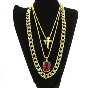 Mens Hip Hop Necklace Ruby Pendant Necklaces Fashion Cuban Link Chain Jewelry 3Pcs Set 2258