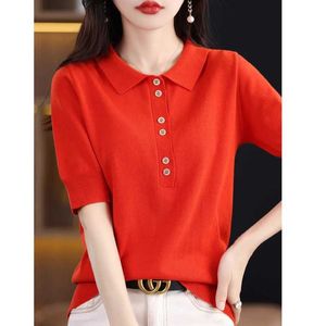 Polos Women Zocept Domens Knitted Top Summer New Slave Button Dekoracja Polo Naszyjnik Women Pełne dopasowanie koszulki Women Women Zipper Y240527