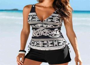 Tvådelade badkläder kvinnor plus storlek tankini baddräkter med shorts v nack tankinis set badkläder svart tryck baddräkt 2xl 2106117205595