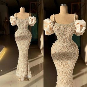 Stylish Pearls Mermaid Wedding Dresses Spaghetti Straps Bridal Gowns Sequins Sleeveless Custom Made Sweep Train Bride Vestido de novia