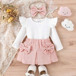 3st Baby Girl 95% Cotton Ribbed Ruffle Long-Sleeve Top och Bow Front kjol Pannband Set Basic Style Bekväm L2405