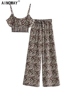 Vintage Chic Women Leopard Print Ternos de duas peças Bohemian calças soltas 2 peças Roupos de praia Rayon Boho