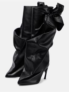 2024年女性の女性の本物の革特別な革のハイヒールの柄の尖った先の尖った騎士ブーツウェディングブーツグラディエーターカジュアルキャットウォークシューズボウタイサイズ34-44