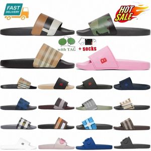 Designer Sandals tofflor Furley Vintage Check Slides präglade logotyp Grafisk gummi Slide Archive Beige Peach Pink Dark Blue Bale Candy J004#