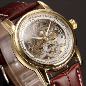 Mänhandleden klockor lyxigt gyllene skelett mekanisk steampunk manlig klocka automatisk armbandsur läderrem Herren Horloges J190706 215e