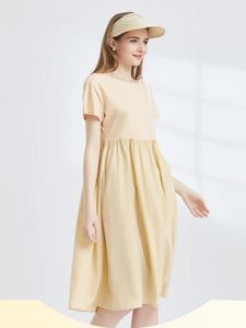 Pure Cotton T-Shirt dress Womens Summer Round Neck Short-sleeved A- line Loose Slimming Mid-length Splicing Dress 240524