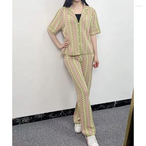 Women's Two Piece Pants Contrast Color Print Knit Suit Ladies Single Breasted Turn-Down Collar Sweater Or Elastic Waist Straight Long