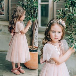 Cute Blush Pink Flower Girl Dresses Sparkly Tea-Length Birthday Party Pageant Gown Sequined Formal Wedding Dress 260m