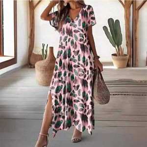 Basic Casual Dresses 2024 New Elegant Loose Casual Sexy Womens Sweetly Irregular Printed Polyester V-Neck Extra Large Y2K Dress J240527