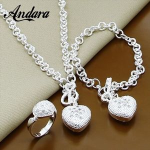 925 Sterling Silver Heart Shaped Key Necklace Armband Ring Luxury Bridal Wedding Jewelry Set 240524