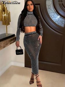 Work Dresses Kricesseen Luxury Rhinestone Studded Two Pieces Sets For Women Glam Sheer Mesh Crystal Crop Top And Matching Skirt Set Clubwear