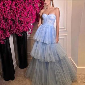 Vintage długi niebieski tiul ukochane sukienki wieczorne A-line plisowana podłoga długość formalna okazja suknie na imprezę