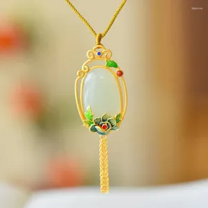 Ketten Klassiker Natural ein Jade Blume Emaille Halskette kreativer chinesischer Stil Eingelegtes Anhänger Ancient Gold Craft Schmuck für Frauen