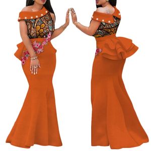 Vestidos de estampa africanos para mulheres Riche Applique Draped Peals Dress Dress Party Vestidos Tradicional African Lady Clothing WY444