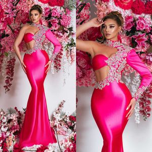 Arabic Aso Ebi Mermaid Prom Dresses Sexy High Neck Long Lace Appliques Evening Party Formal Second Reception Birthday Abito