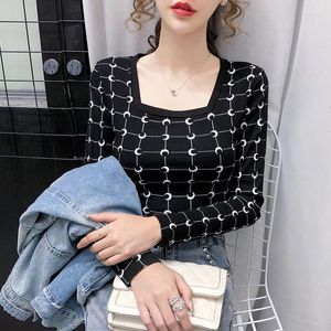 Women's Polos T-shirt Dress Early Autumn Style Square Collar Off-shoulder Fashion Printed Long Sleeve Tight Base Shirt T