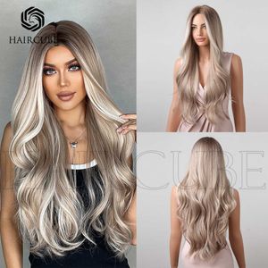 Haircube 26inch Wind Split Platinum Brown Large Wave Long Curly Hair Wigs for Women