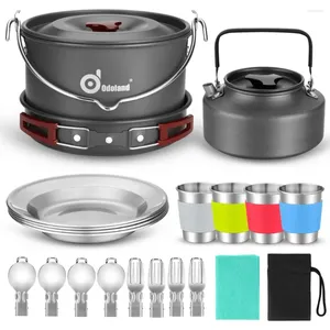 Cookware Sets Odoland 22pcs Camping Mess Kit Large Size Hanging Pot Pan Kettle With Base Cook Set For 4 Cups Dishes Forks Spoons