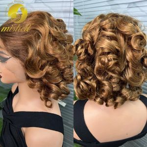 Highlight Lose Wave Spitzenperücke 13x4 transparent Voller Frontal Bouncy Curly Human Hair Perücken für Frauen 180% mit Baby