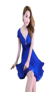 Nightclub Dress Europe US Sexy girls VNeck Zippers mini dress black blue Solid color Patchwork lace Loose size Pleated Merma8823237