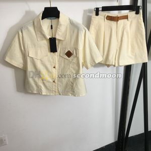 Tecido de linho Calças curtas Camisas de manga curta Camisas de lapela Bloups Summer Casual Duas peças Calças