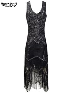 Mulher festa manto femme 1920s Great gatsby flapper lantejão margem midi vestido de verão art déco retro preto vestido q1904256026021