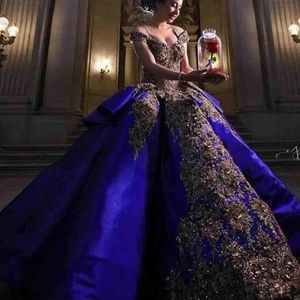 2020 New Luxury Detail Gold Embroidery Royal Blue Quinceanera Dresses Ball Gown Sweet 16 Dress Off Shoulder Masquerade Pageant Prom Gow 273e