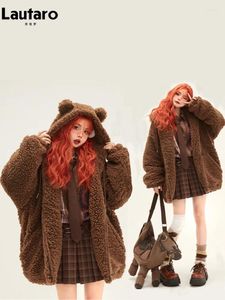 Pelliccia da donna lautaro inverno autunno oversize dolce carino kawaii marrone marrone caldo fuzzy fux con cappuccio con cappuccio con orecchie da orso soffice giacca sherpa