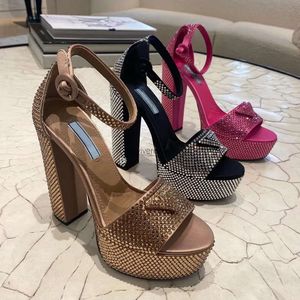 Designer Waterproof Platform Women High Heels Rhinestone Platform Sandals Thick Heel Sliding Open Toe LuxurySandals Women's Shoes Strap Dinner Dress Shoes 13cm