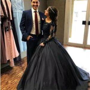 Vintage Black Lace Satin Ball Gown Gothic Evening Dresses Long Sleeves 3D Floral Applique Floor Length Evening Gowns Formal Dress 263F