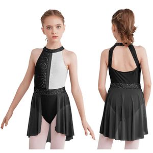 Dança das crianças meninas figuras de patinação de ginástica Vestido de collant Halter Halter Hollow Out Back Ballet Tutu Rhinestone Lyrical Dance Dress Y240524