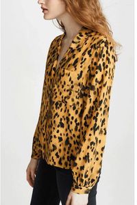 Женские блузки верхний конец женщины винтажный шелковый желтый леопардовый поло в воротничках элегантная леди, все матч, рубашка с длинным рукавами.