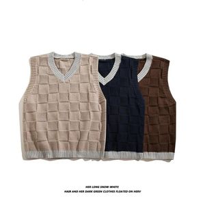 Japanska löst par Argyle tröja Vest Mens Y2K Autumn Fashion Harajuku Plaid Man Pullover Sticked Vest Chaleco Hombre 240516