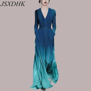 Runway Dresses Runway Elegant Summer Fashion Goddess V-neck Gradient Blue Chiffon Long Dress with Belt Party Dress d240527