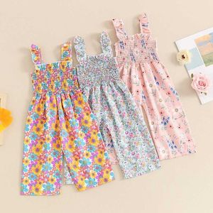 Overaller Rompers 0-5y Baby Girl Jumpsuit 2024 Summer Floral Print Sleeveless Wide Leg Pants Jumpsuit For Childrens Fashionable Clothing Jacket WX5.26