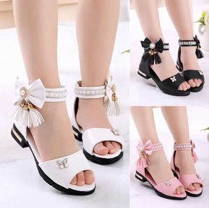 Sandals Childrens Bow Girls Summer Cute Beach Princess Fashion High Heels Tassel School Shoes d240527