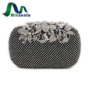 Evening Bags Wholesale- Milisente Women Rhinestone Handbag Flower Diamond Lady Wedding Party Clutches Purse Silver Gold Black Small 300d