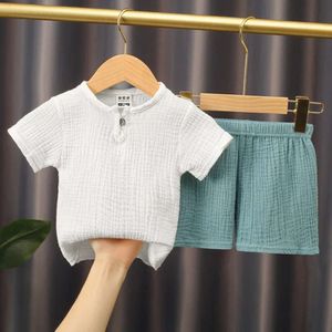 0-5Y Baby Summer Solid Cotton Linen T-shirts+ELASCTIC SHORTS Kidskläder Casual Clothing Set For Children Outfit Set L2405