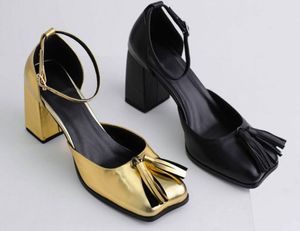 2024 sheepskin leather square 8CM chunky high heels Dress SHOES Pumps Wing toes buckle tassels Retro fringe Mary Jane party wedding size 34-42 Gold black