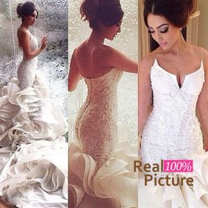 Custom Made Hot Sale Sexy Mermaid Wedding Dresses Lace Up Organza Chapel Train Lace Applique Bridal Gowns Cheap Plus Size 275W