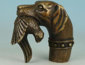 Dekoration Copper Crafts Chinese Old Bronze Hand Carved Dog Bitten Birds Statue Cane Walking Stick Head 5025610