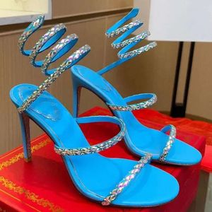 Peep Women Summer Heel Sandals 높은 발가락 활주로 디자이너 Crystal Ankle Wrap Sexy Party Dress E50